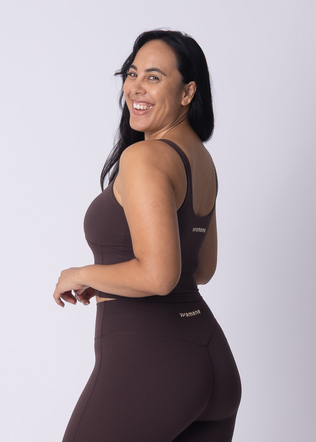 Side view of Moments Longline Sports Bra showing low scoop back and longline cut