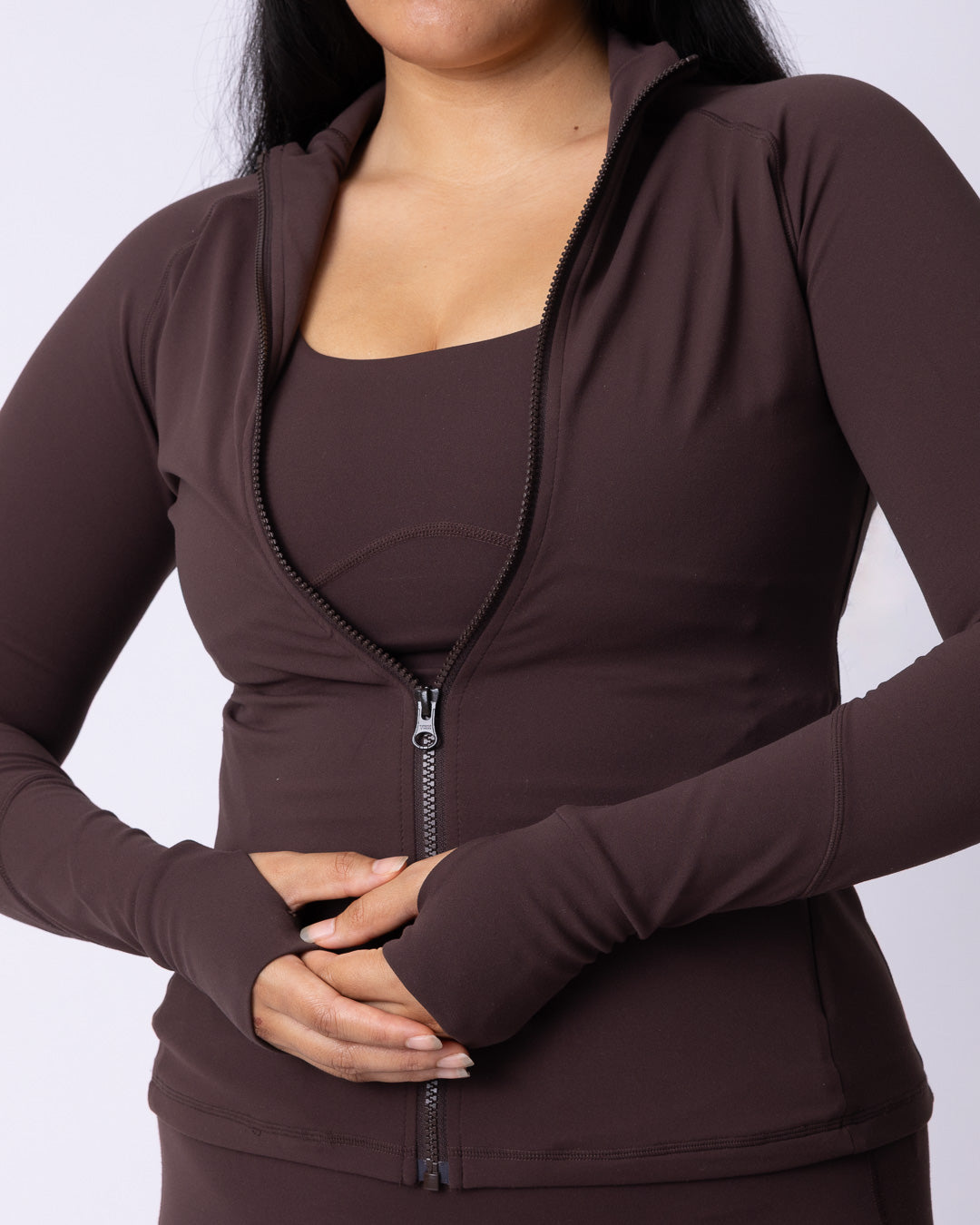 Thumbhole cuff detail on Moments Zip Jacket — Womene Australian activewear
