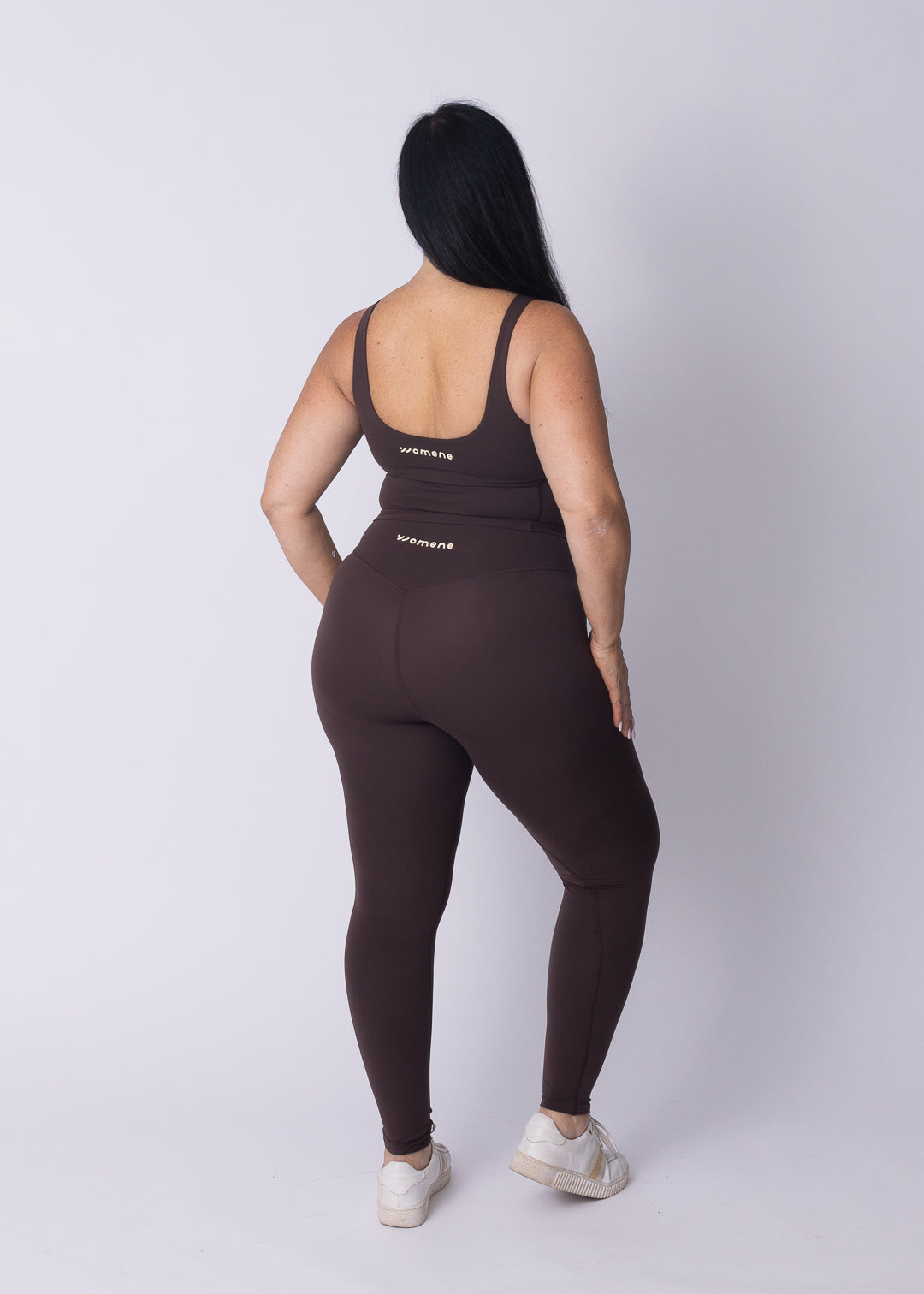 Close detail of the Moments Longline Sports Bra in coffee bean, buttersoft nylon-elastic fabric
