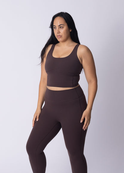 Moments High Waisted Leggings in coffee bean, full-length shot showing the natural waist sit and shape-hold through the leg