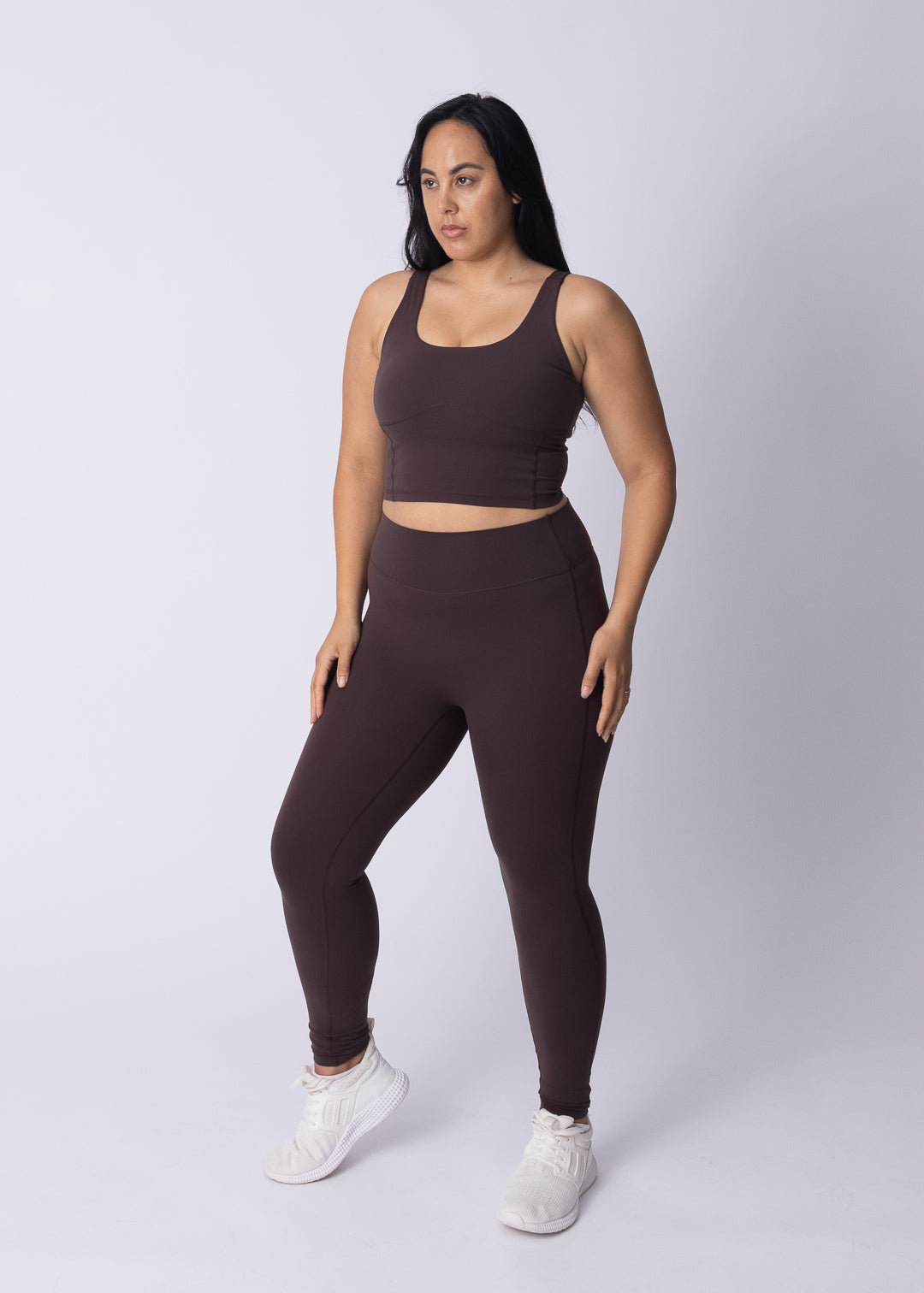 Side view of Moments High Waisted Leggings showing high waistband and sculpting fit