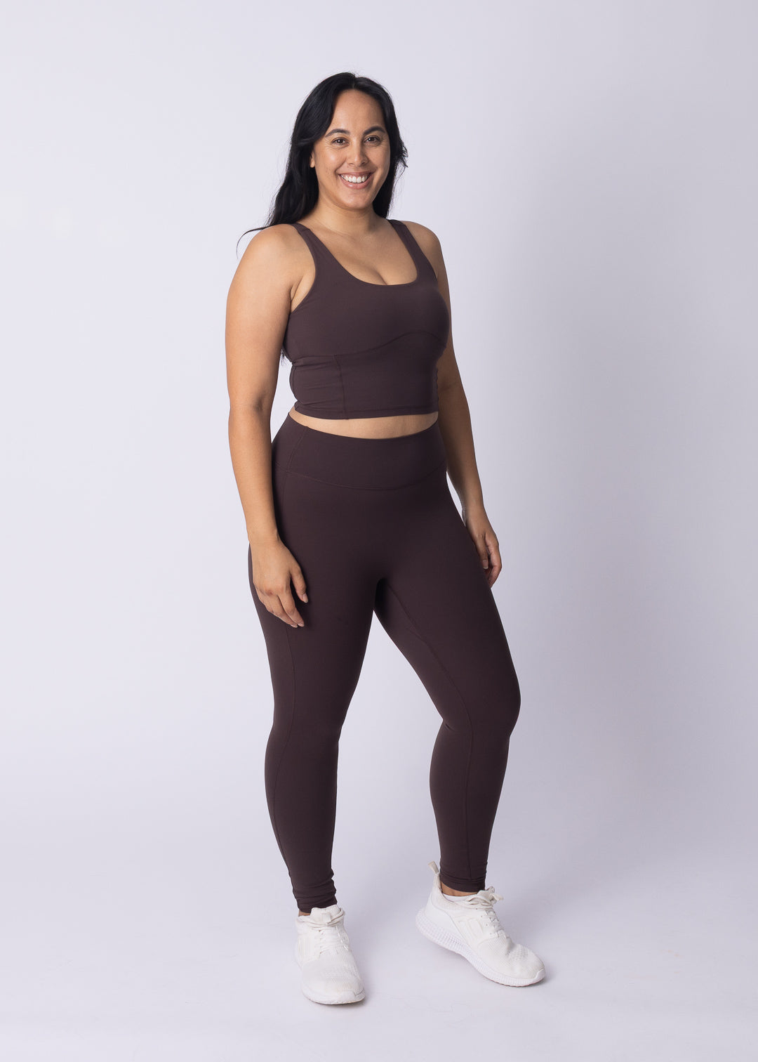 Moments Longline Sports Bra and High Waisted Leggings in coffee bean, full-body shot 