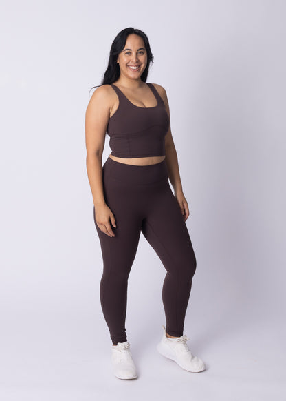 Moments Longline Sports Bra and High Waisted Leggings in coffee bean, full-body shot 