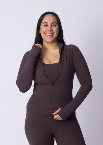 Close-up of buttersoft fabric and YKK zip detail on Moments Zip Jacket