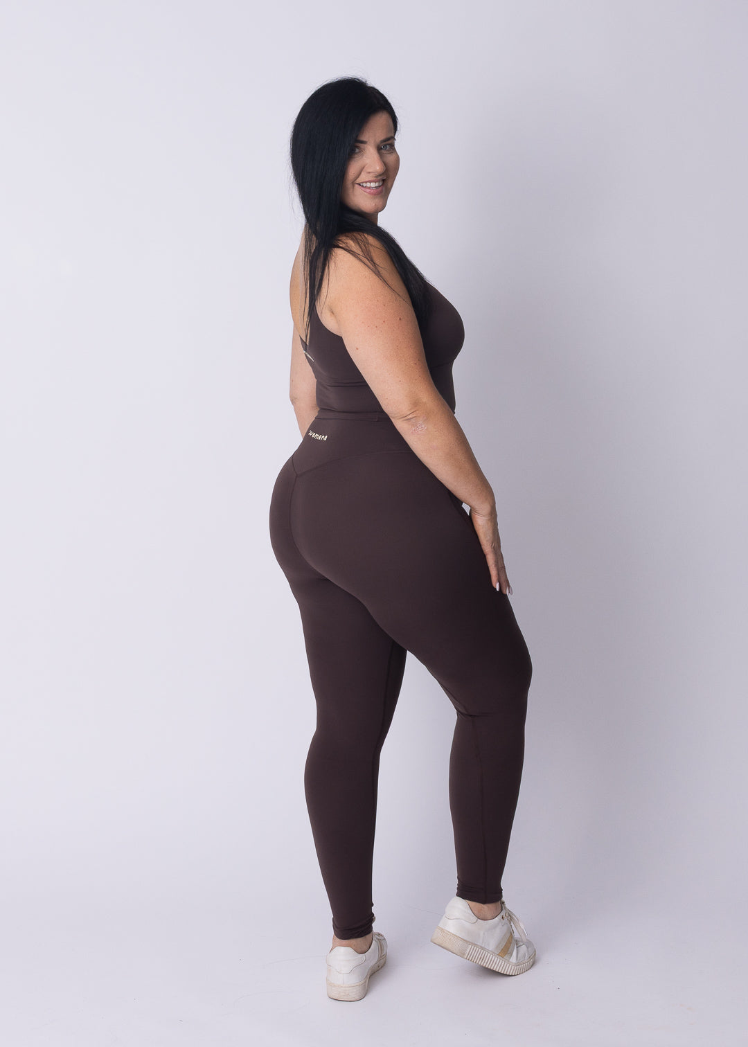 Moments High Waisted Leggings in coffee bean, full-length shot showing the natural waist sit and shape-hold through the leg