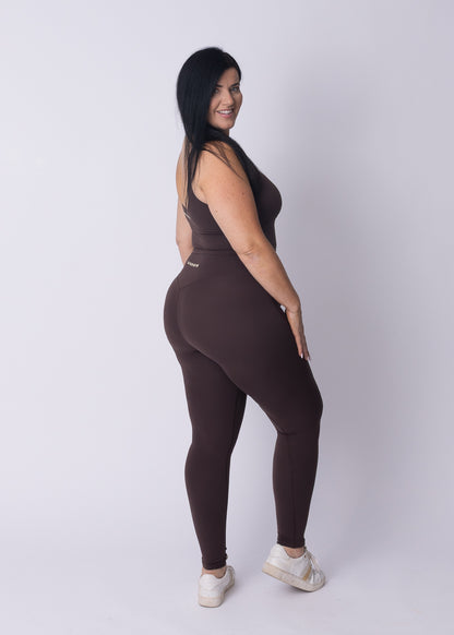 Moments High Waisted Leggings in coffee bean, full-length shot showing the natural waist sit and shape-hold through the leg