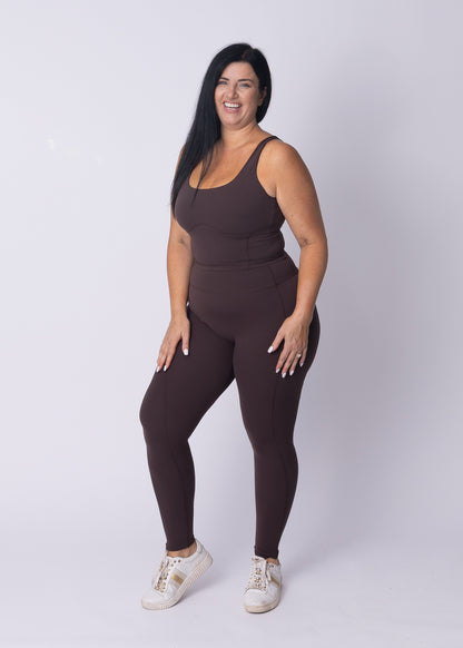 Moments High Waisted Leggings in coffee bean, full-length shot showing the natural waist sit and shape-hold through the leg